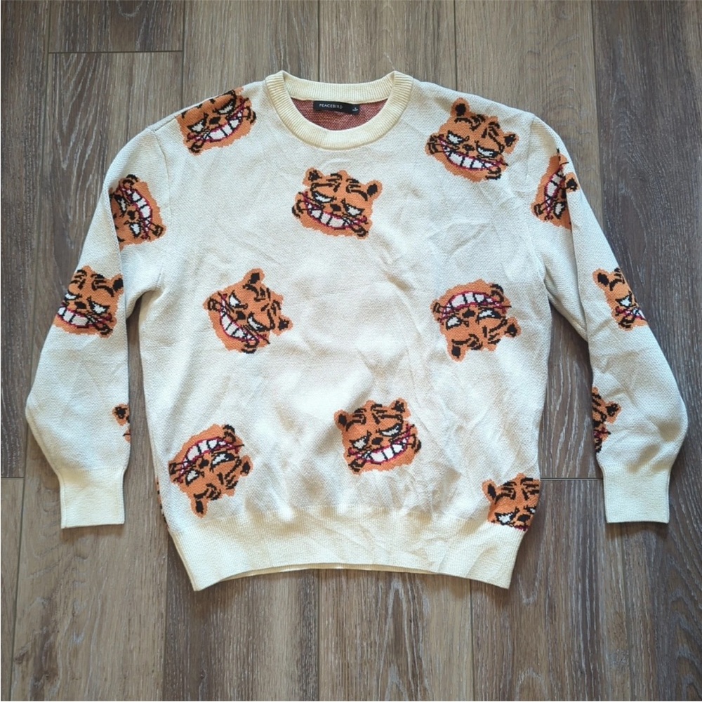 Vintage Peacebird Cream Crew Cut Sweater Smiling Cat Patterned Women's SZ S Y2K